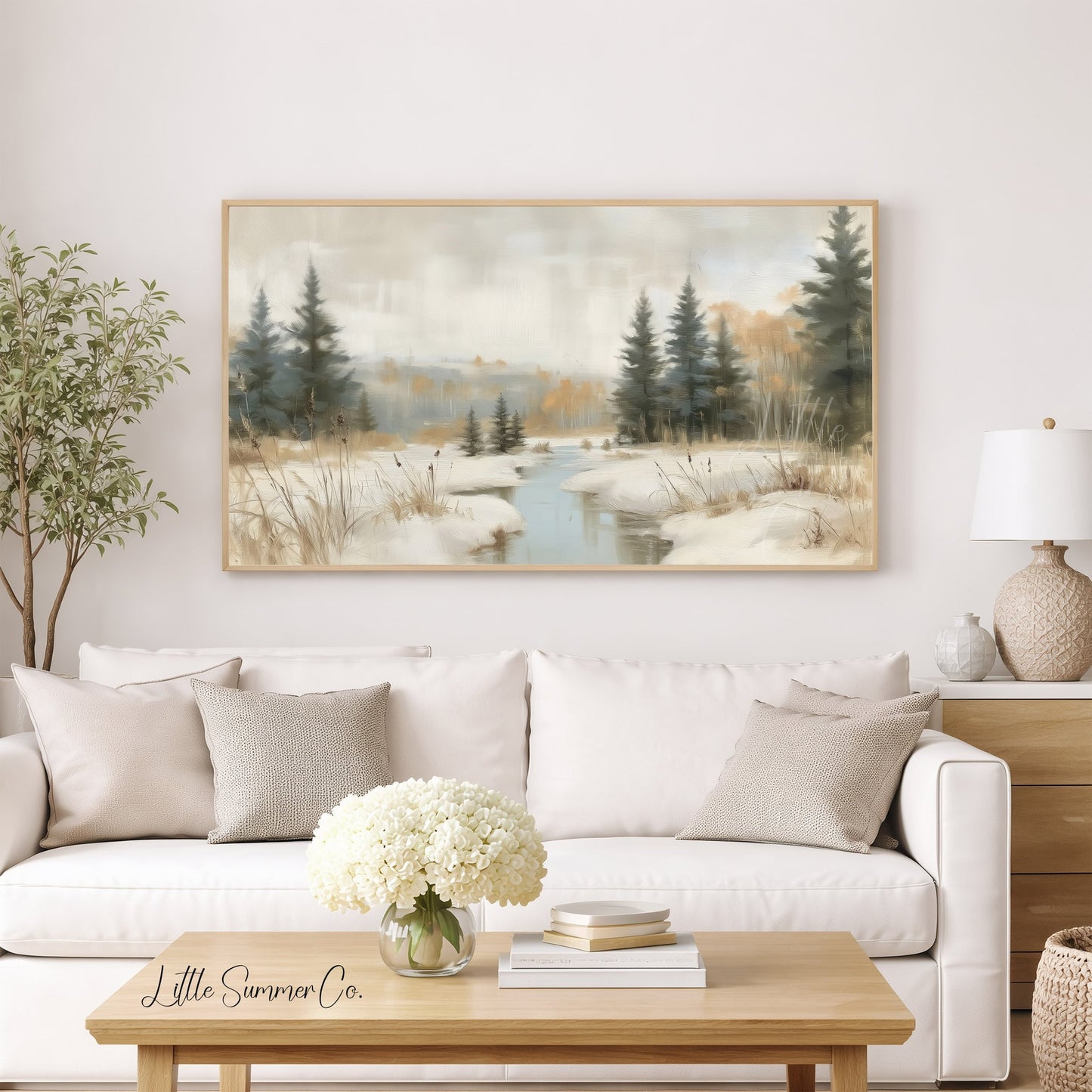 Snowy Forest Creek Frame TV Art displayed on a TV
