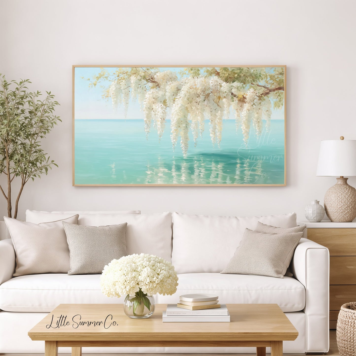 White Wisteria Over Coastal Water Frame TV Art displayed on a TV