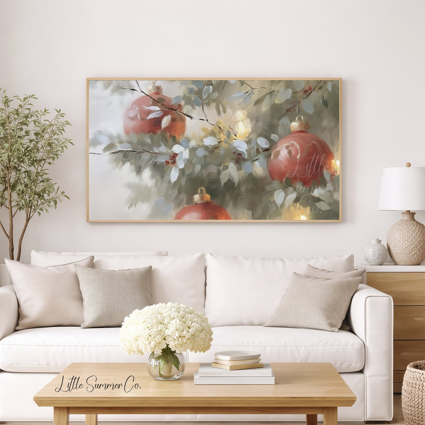 Red Ornaments Pine Branches Frame TV Art displayed on a TV