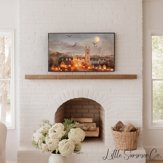 Moonlit Church Town Frame TV Art displayed on a TV