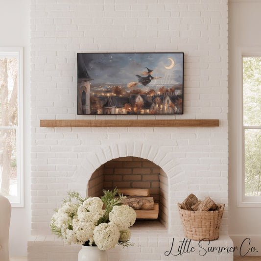 Witch Flying Moonlit Village Frame TV Art displayed on a TV