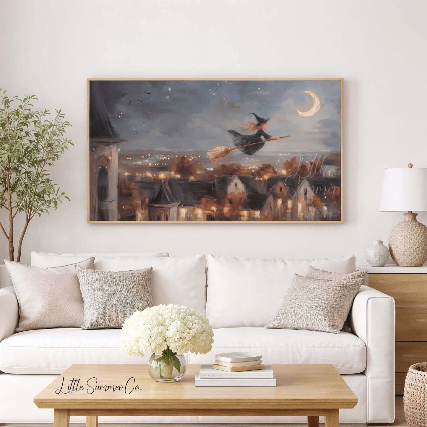 Witch Flying Moonlit Village Frame TV Art displayed on a TV