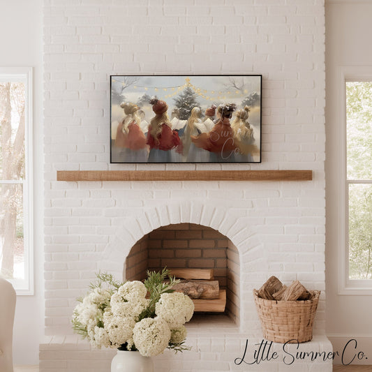 Christmas Carolers Tree Frame TV Art displayed on a TV