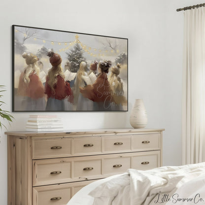 Christmas Carolers Tree Frame TV Art displayed on a TV