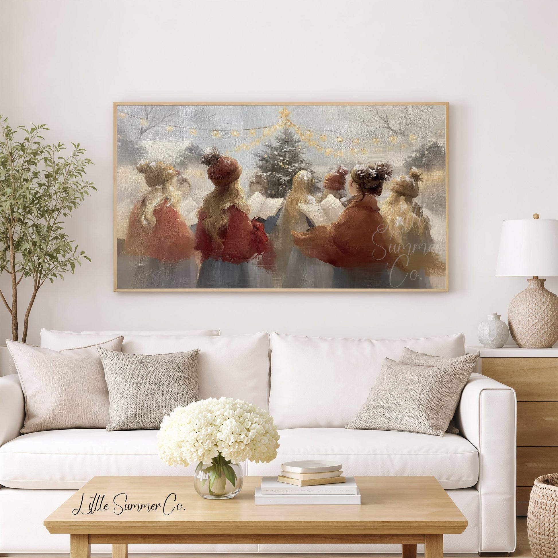 Christmas Carolers Tree Frame TV Art displayed on a TV