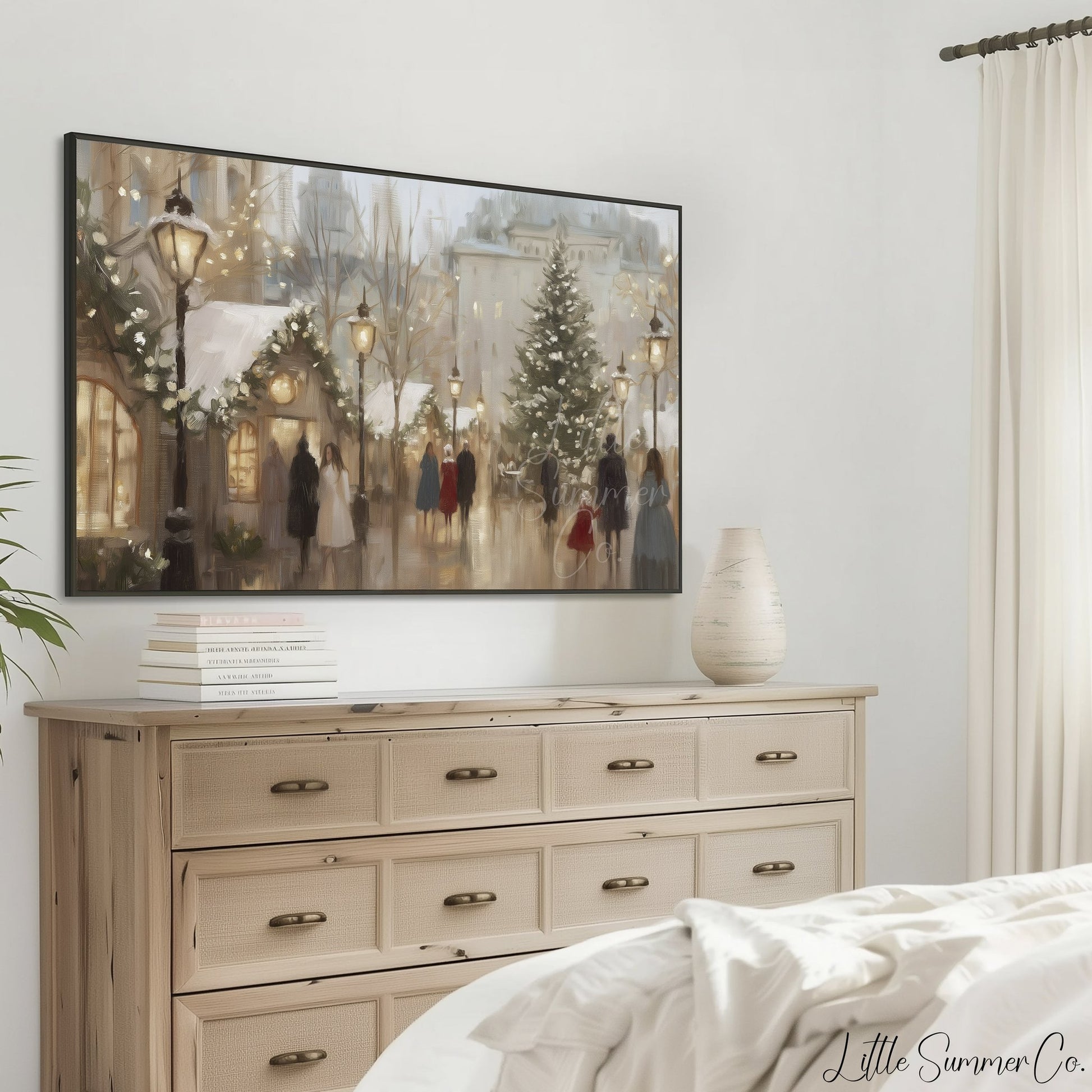 Snowy Christmas Market Lights Frame TV Art displayed on a TV