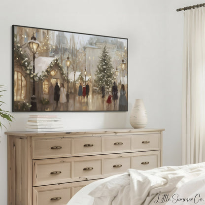Snowy Christmas Market Lights Frame TV Art displayed on a TV
