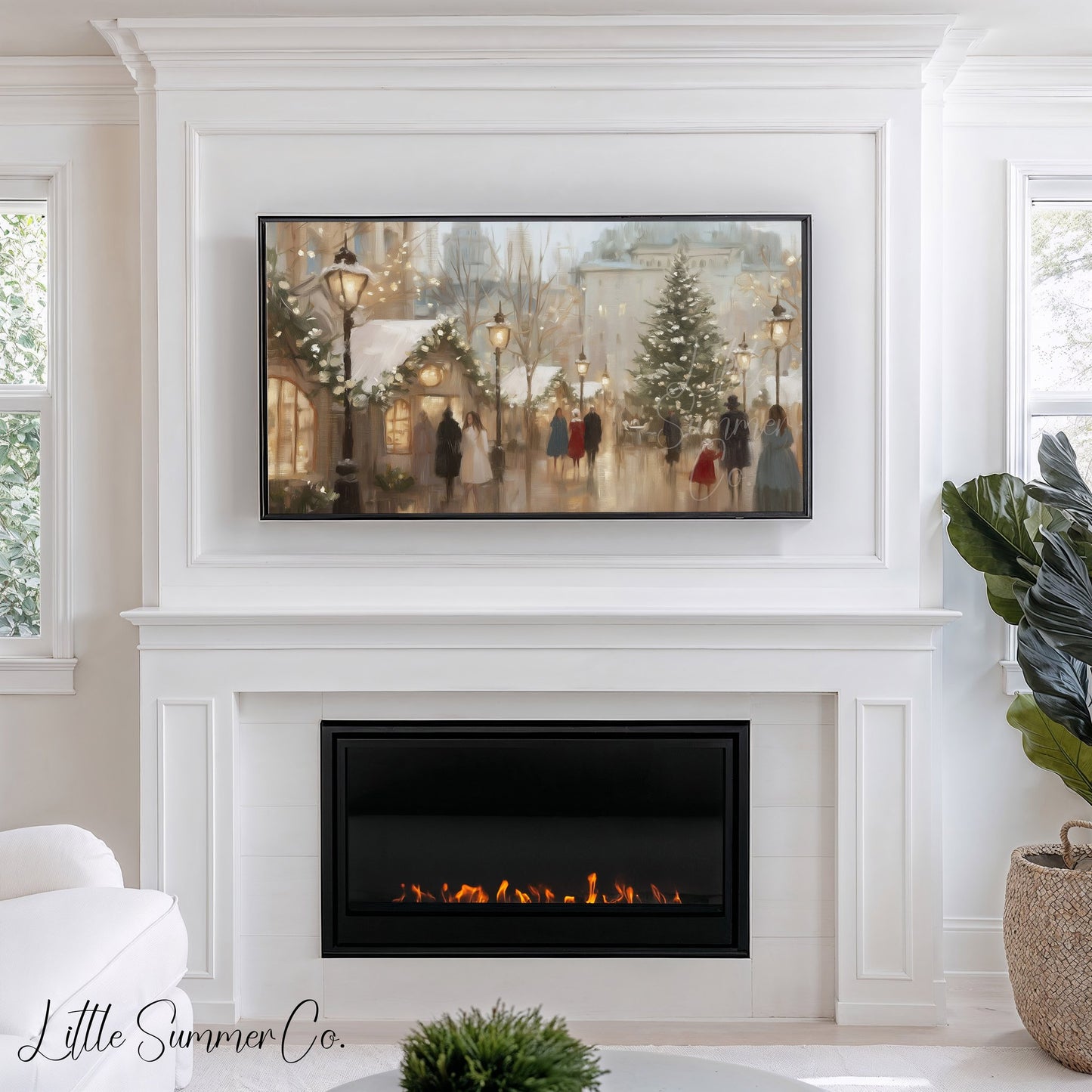 Snowy Christmas Market Lights Frame TV Art displayed on a TV