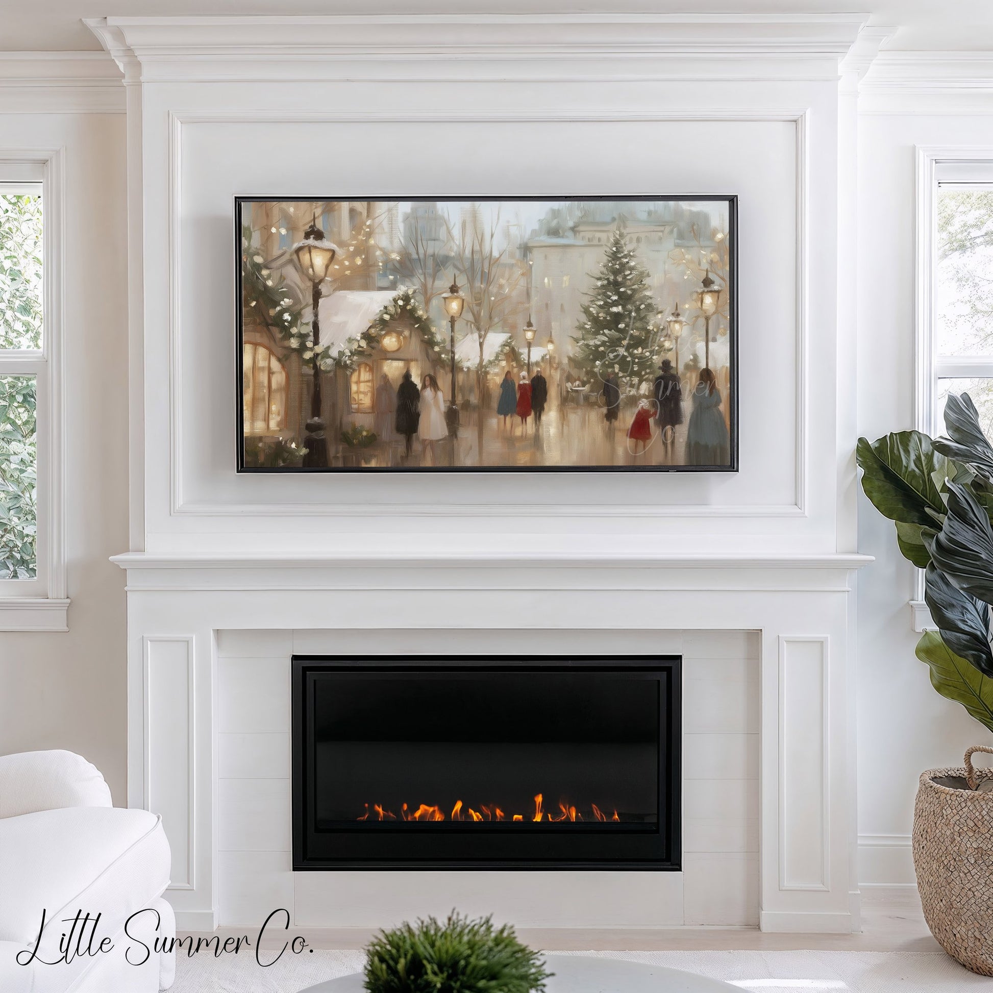 Snowy Christmas Market Lights Frame TV Art displayed on a TV