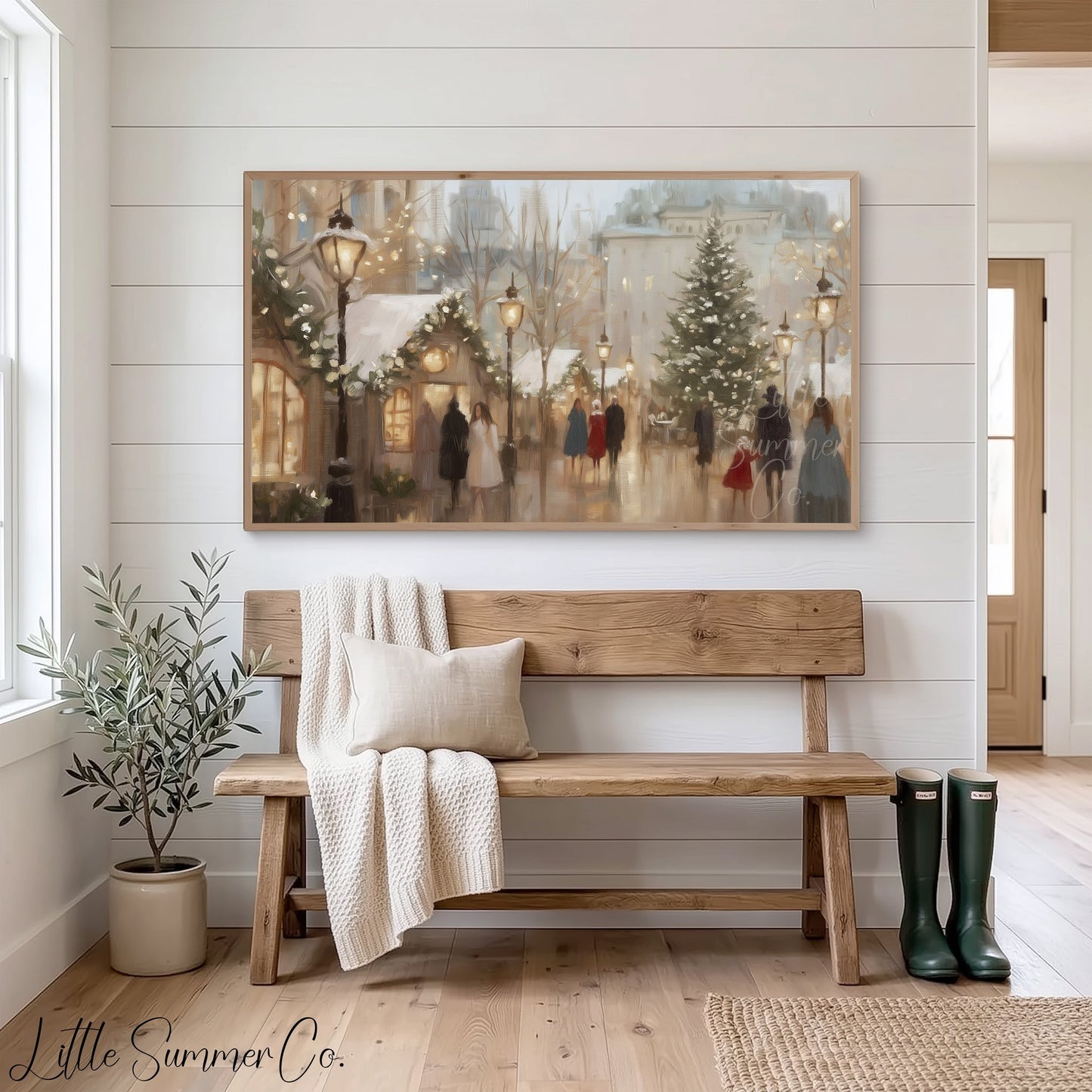 Snowy Christmas Market Lights Frame TV Art displayed on a TV