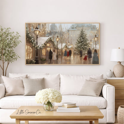 Snowy Christmas Market Lights Frame TV Art displayed on a TV