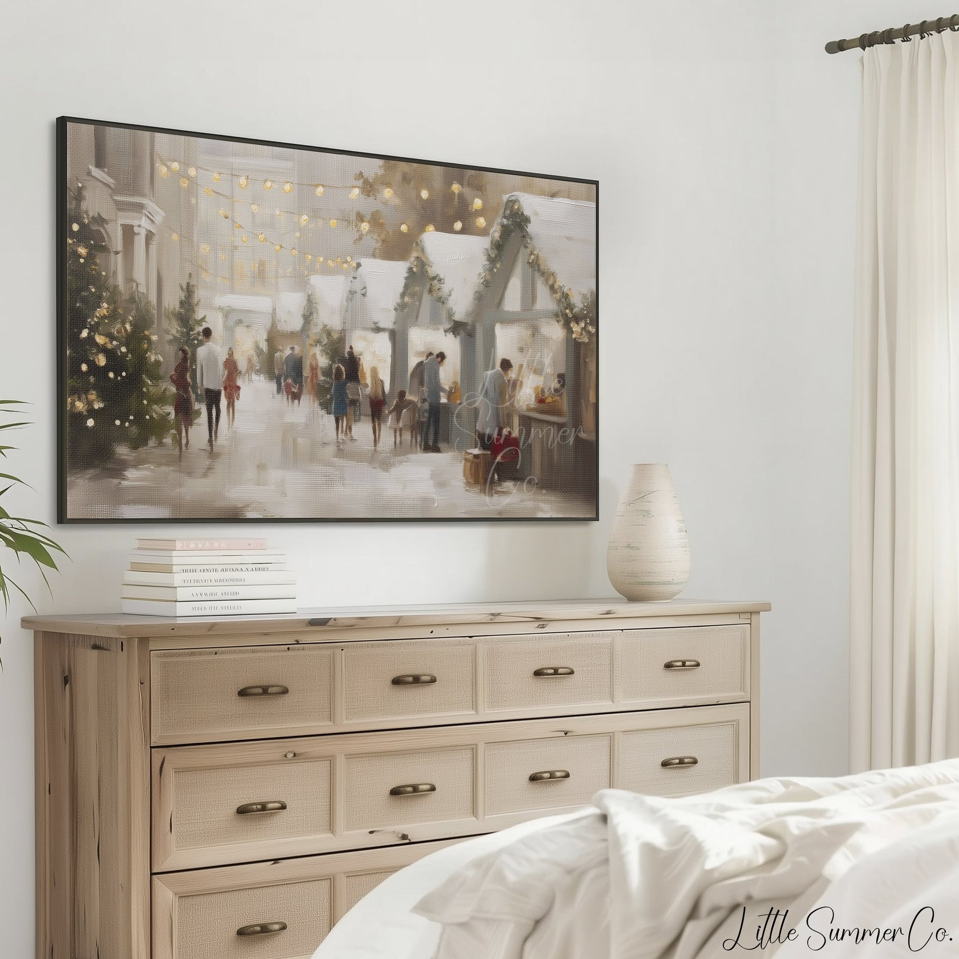 Christmas Market Stalls Frame TV Art displayed on a TV