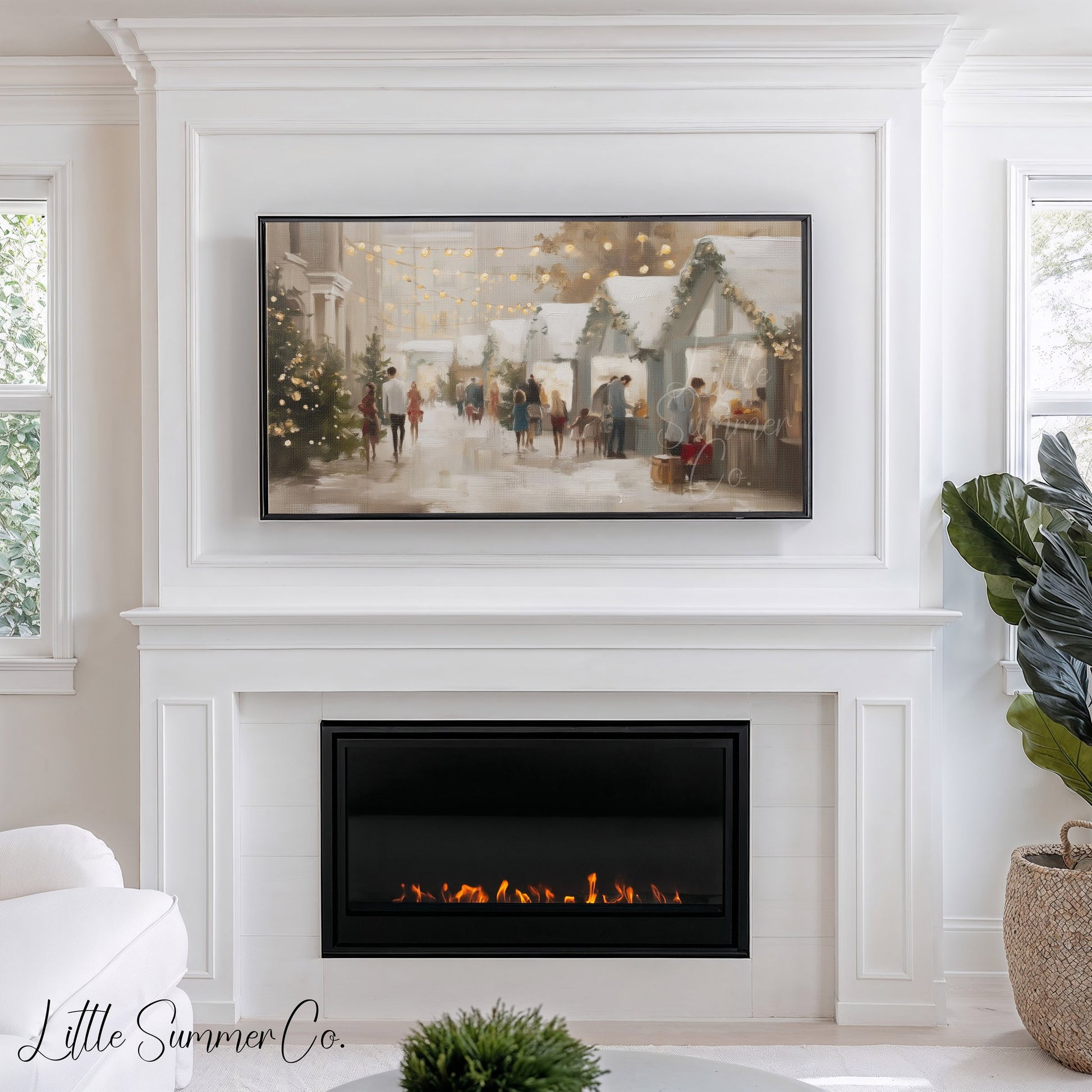 Christmas Market Stalls Frame TV Art displayed on a TV