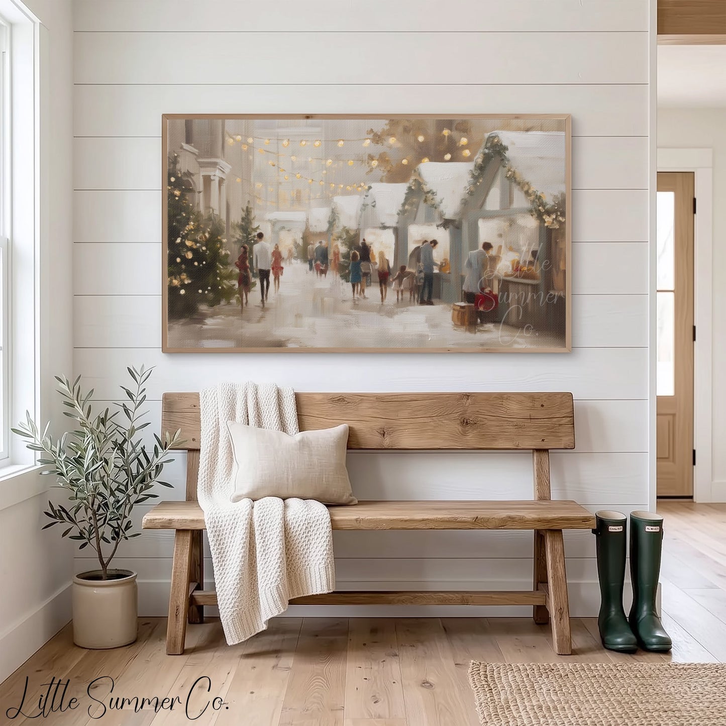 Christmas Market Stalls Frame TV Art displayed on a TV
