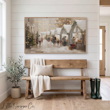 Christmas Market Stalls Frame TV Art displayed on a TV