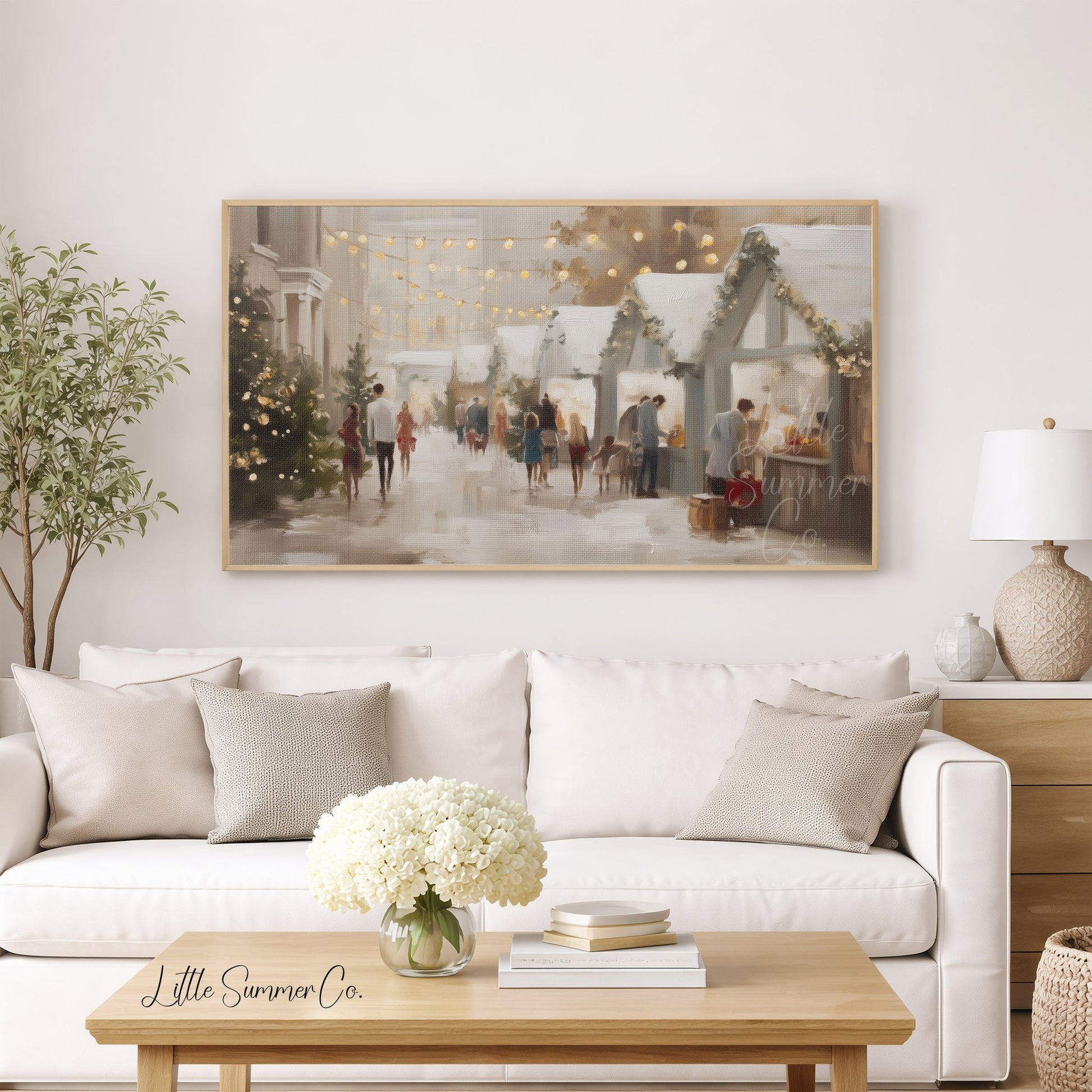 Christmas Market Stalls Frame TV Art displayed on a TV