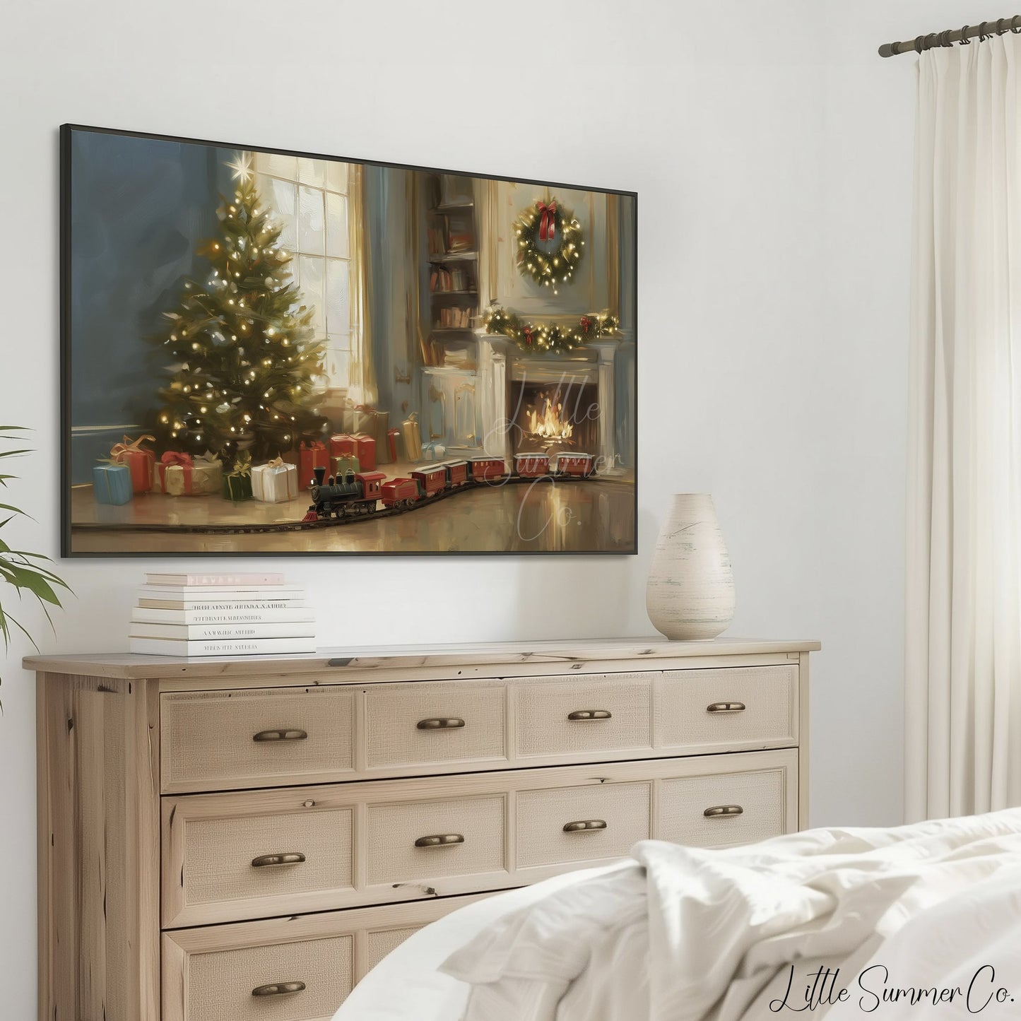 Christmas Tree Fireplace Frame TV Art displayed on a TV