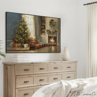 Christmas Tree Fireplace Frame TV Art displayed on a TV
