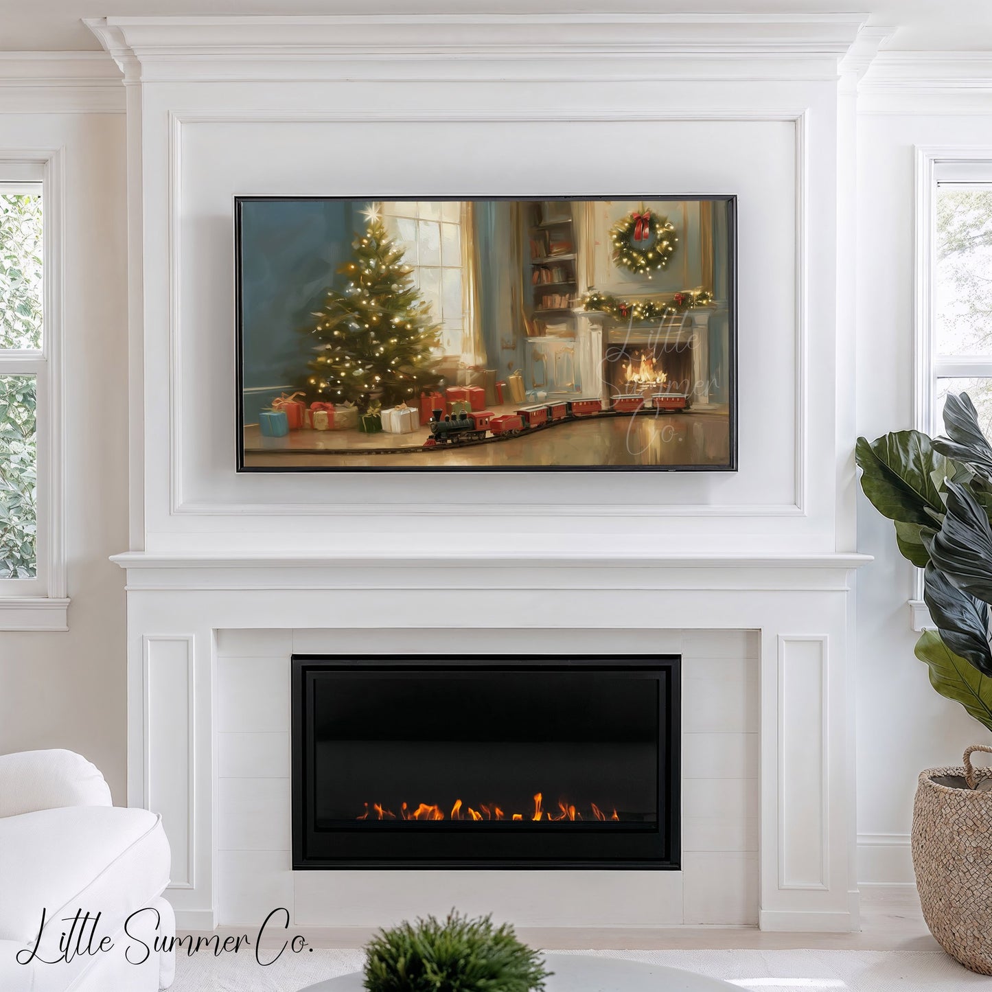 Christmas Tree Fireplace Frame TV Art displayed on a TV