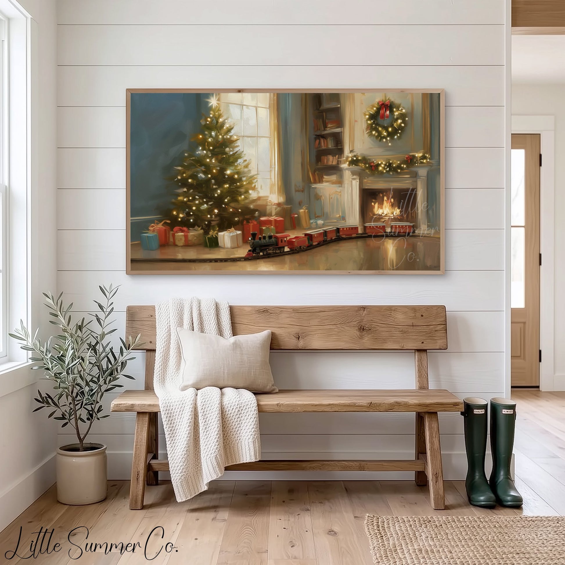 Christmas Tree Fireplace Frame TV Art displayed on a TV
