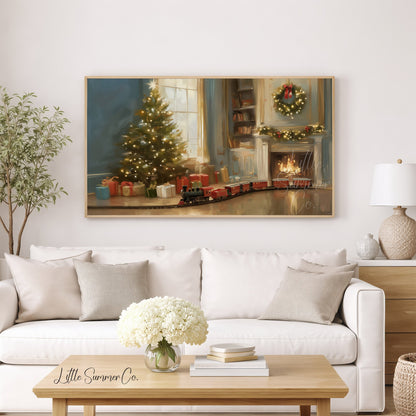 Christmas Tree Fireplace Frame TV Art displayed on a TV