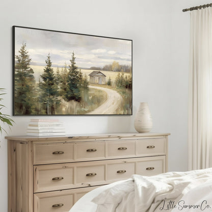 Lakeside Cabin Pines Frame TV Art displayed on a TV
