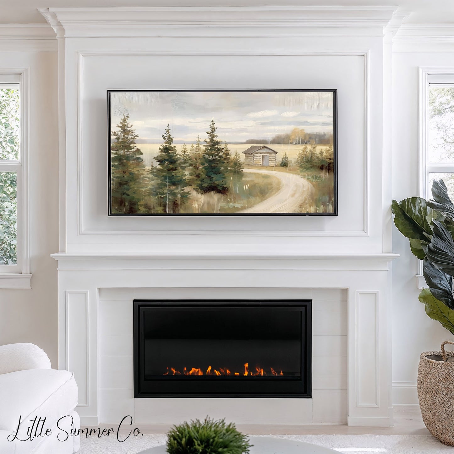 Lakeside Cabin Pines Frame TV Art displayed on a TV