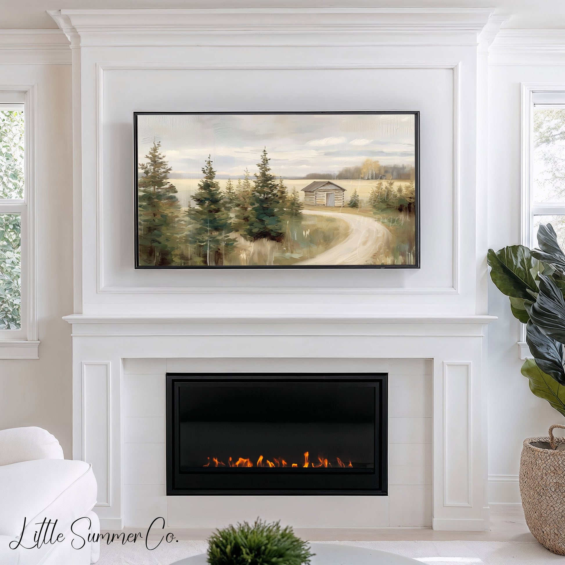 Lakeside Cabin Pines Frame TV Art displayed on a TV