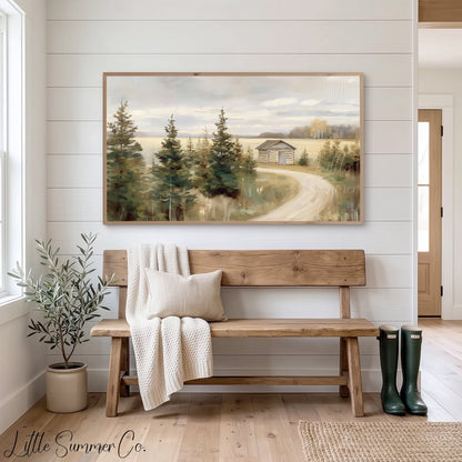 Lakeside Cabin Pines Frame TV Art displayed on a TV