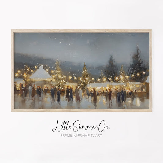 Glowing Winter Market Evening Frame TV Art displayed on a TV