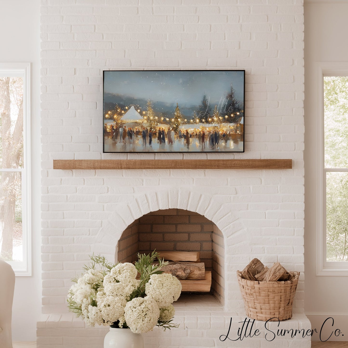 Glowing Winter Market Evening Frame TV Art displayed on a TV