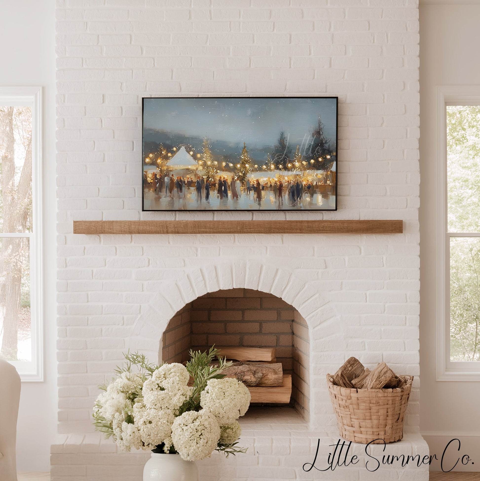 Glowing Winter Market Evening Frame TV Art displayed on a TV