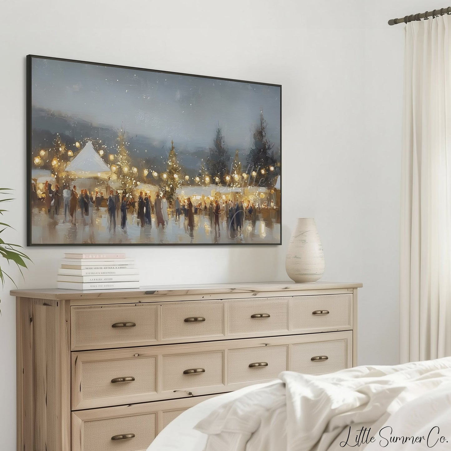 Glowing Winter Market Evening Frame TV Art displayed on a TV