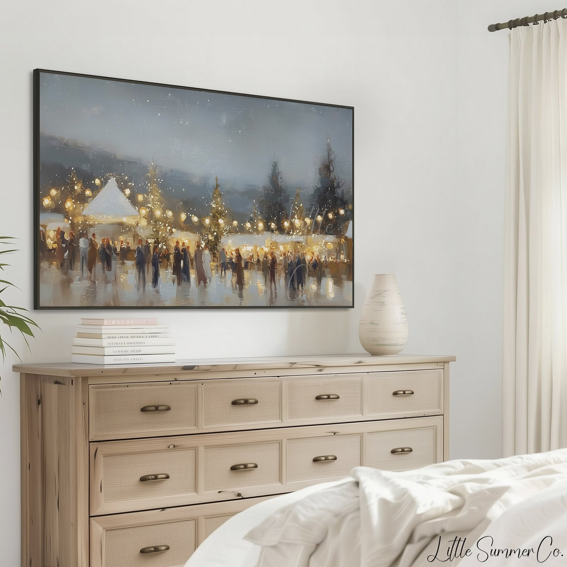 Glowing Winter Market Evening Frame TV Art displayed on a TV
