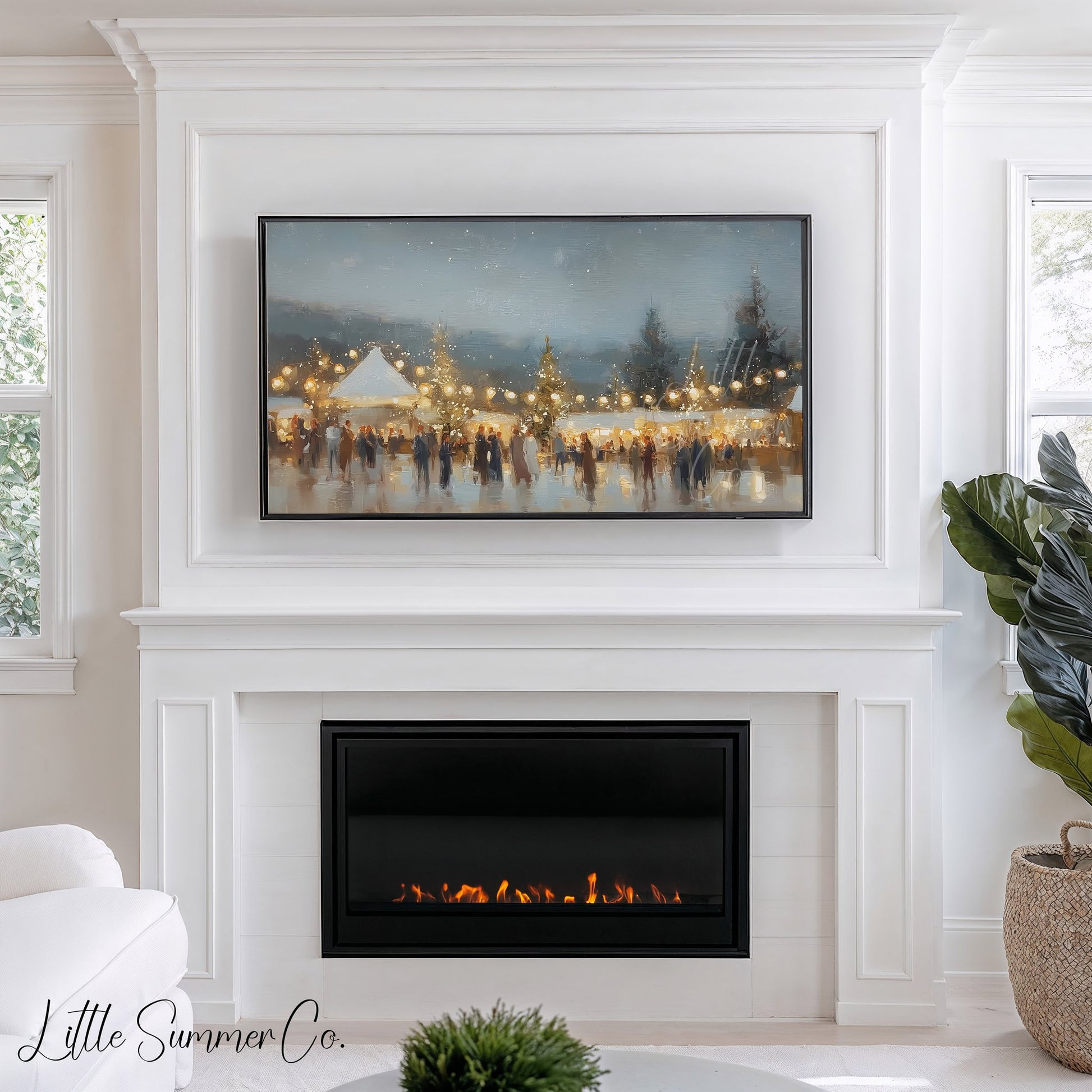 Glowing Winter Market Evening Frame TV Art displayed on a TV