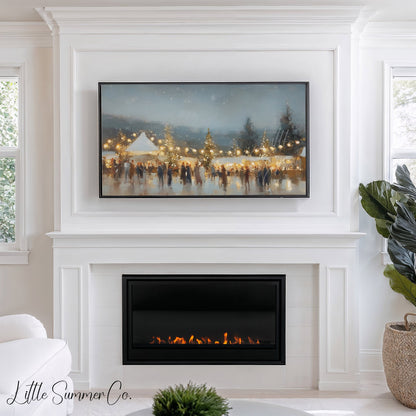 Glowing Winter Market Evening Frame TV Art displayed on a TV