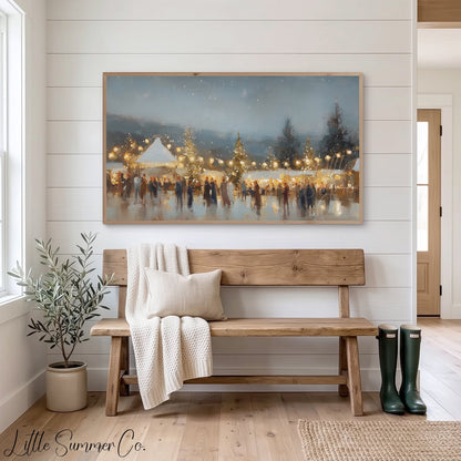 Glowing Winter Market Evening Frame TV Art displayed on a TV