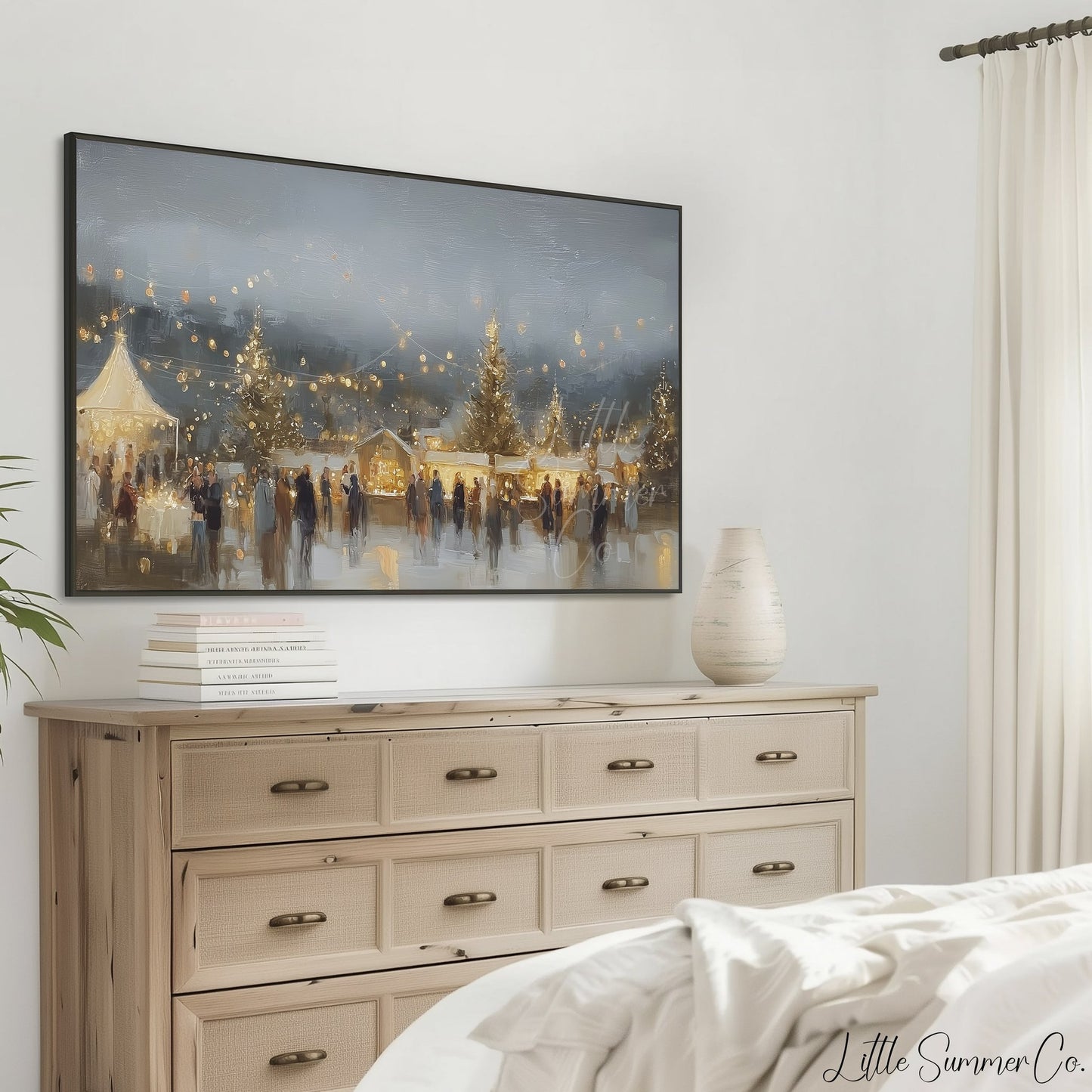 Golden String Lights Market Frame TV Art displayed on a TV