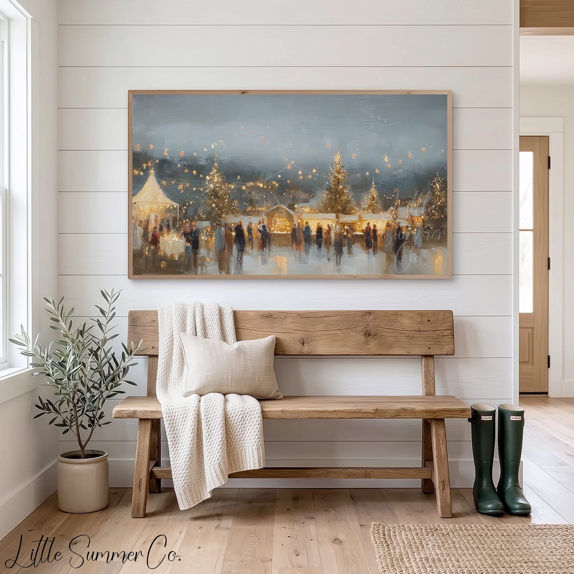 Golden String Lights Market Frame TV Art displayed on a TV