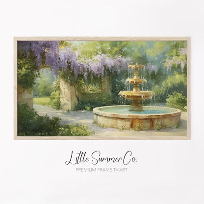 Wisteria Stone Archway Garden Fountain Frame TV Art displayed on a TV