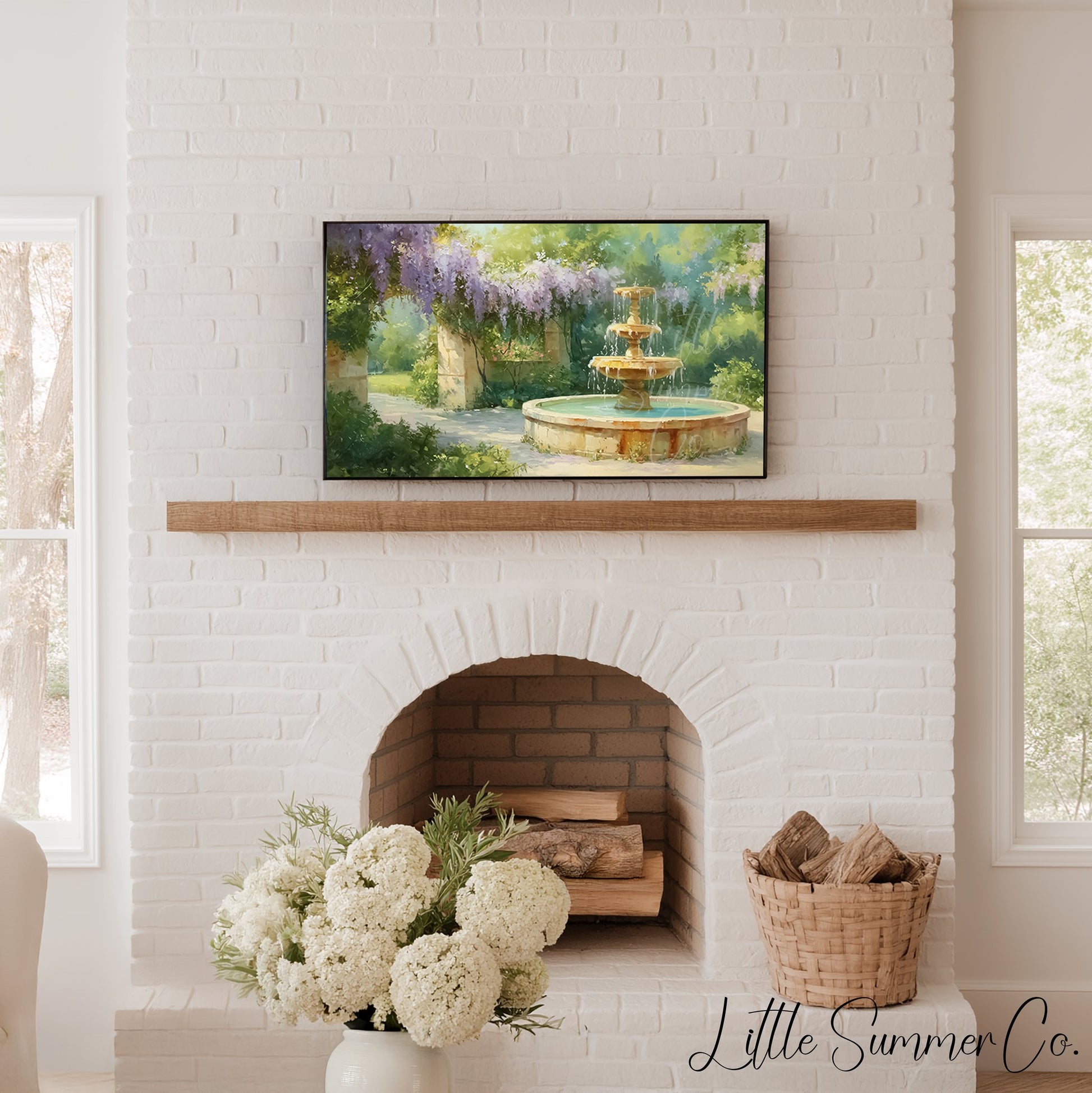 Wisteria Stone Archway Garden Fountain Frame TV Art displayed on a TV