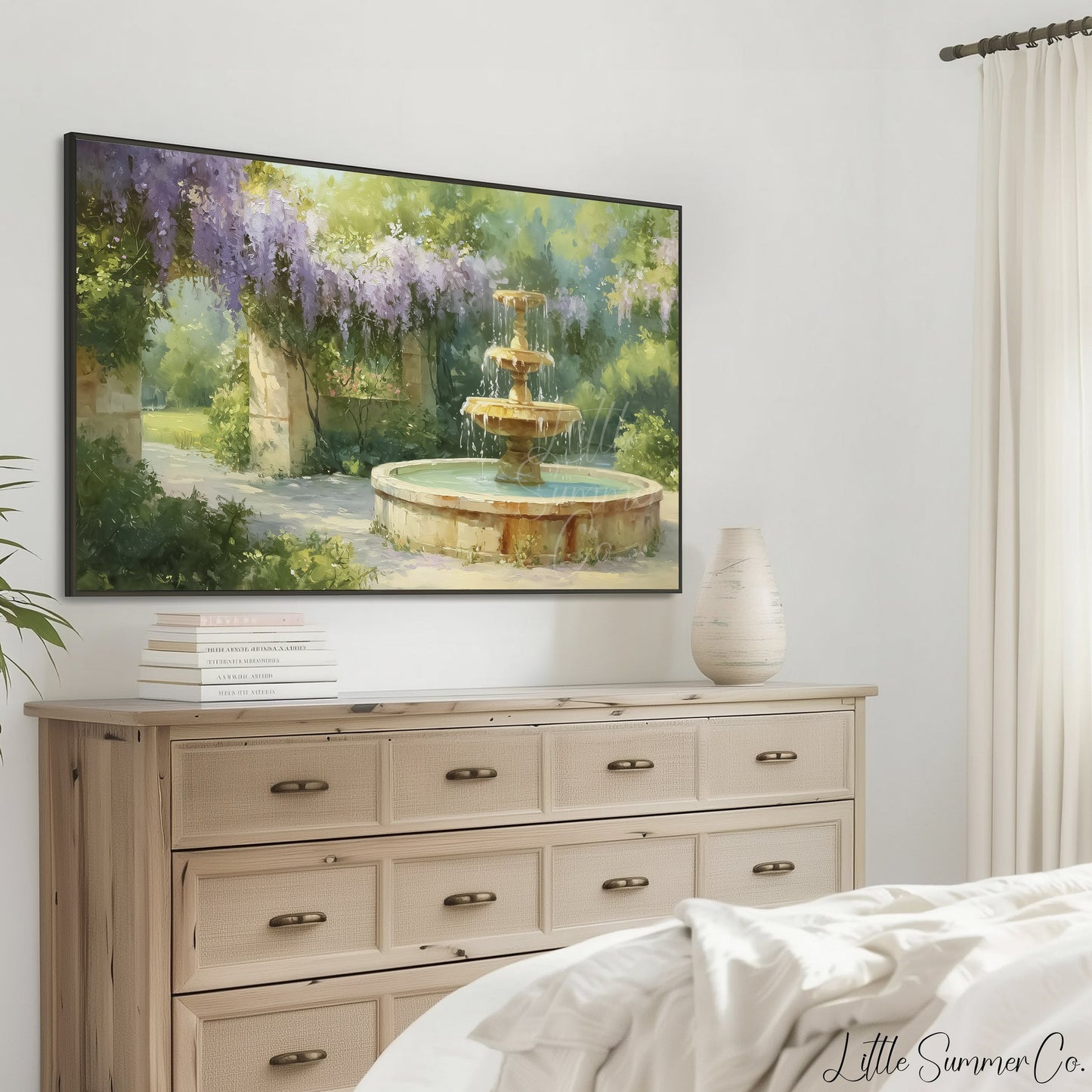 Wisteria Stone Archway Garden Fountain Frame TV Art displayed on a TV
