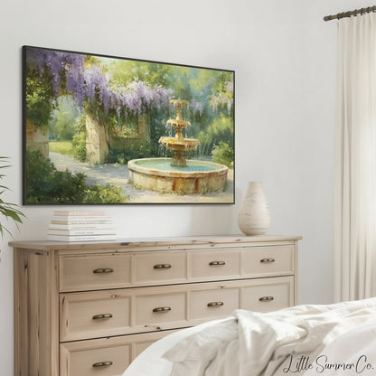 Wisteria Stone Archway Garden Fountain Frame TV Art displayed on a TV