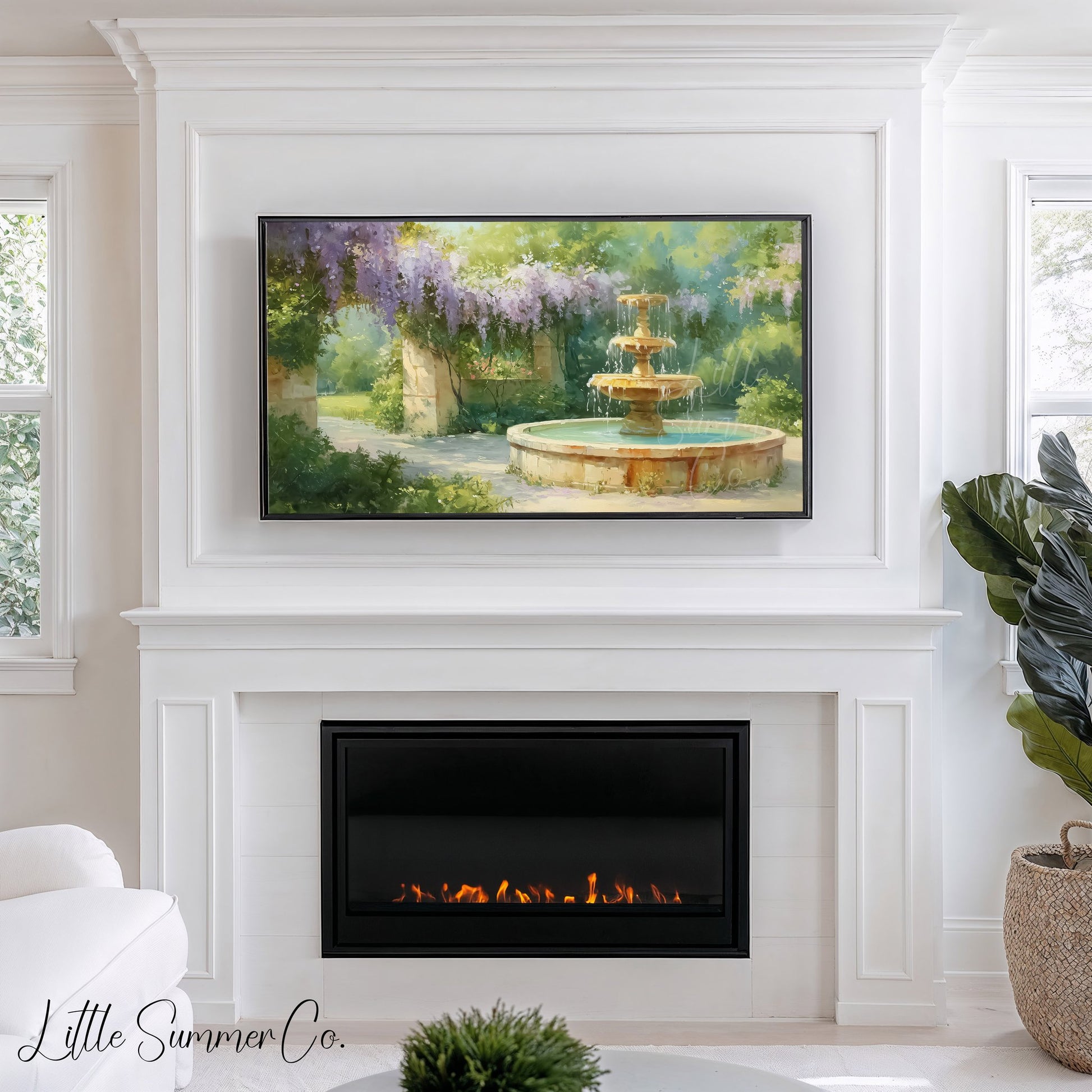 Wisteria Stone Archway Garden Fountain Frame TV Art displayed on a TV