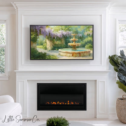 Wisteria Stone Archway Garden Fountain Frame TV Art displayed on a TV