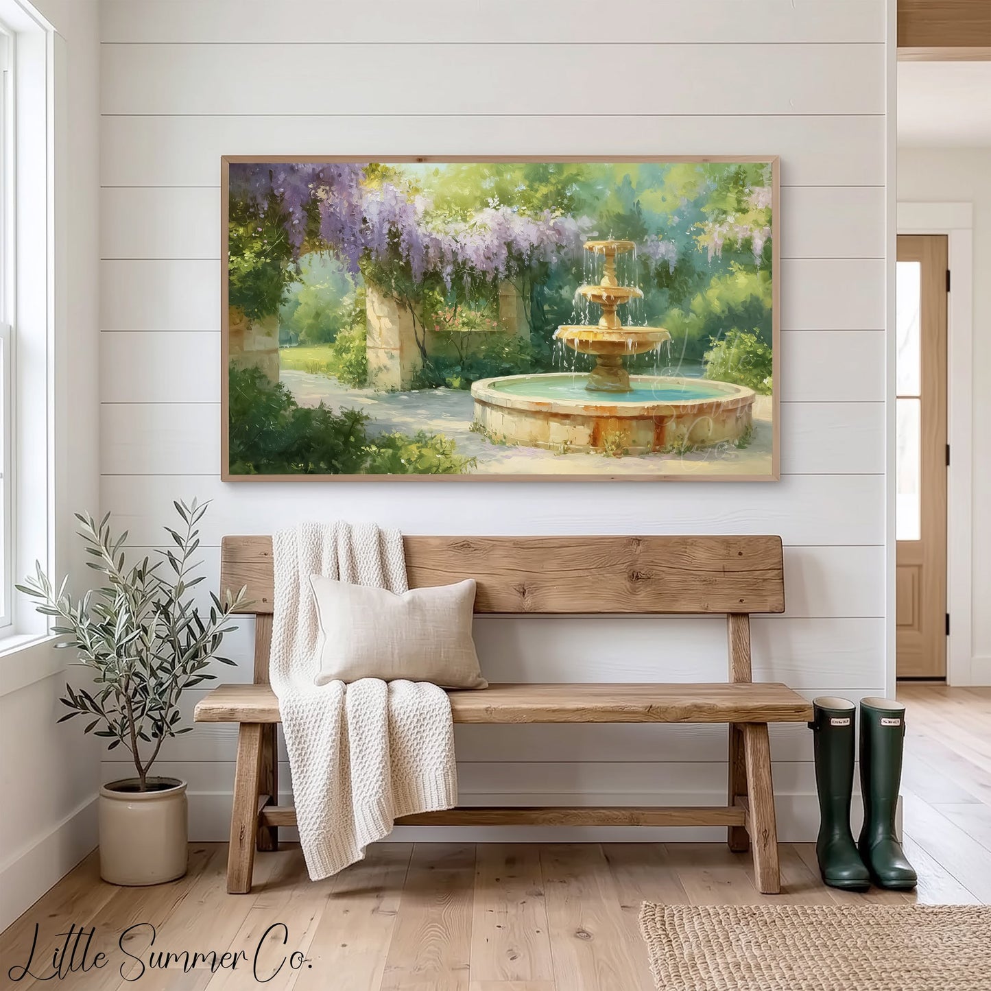 Wisteria Stone Archway Garden Fountain Frame TV Art displayed on a TV