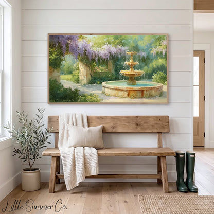 Wisteria Stone Archway Garden Fountain Frame TV Art displayed on a TV