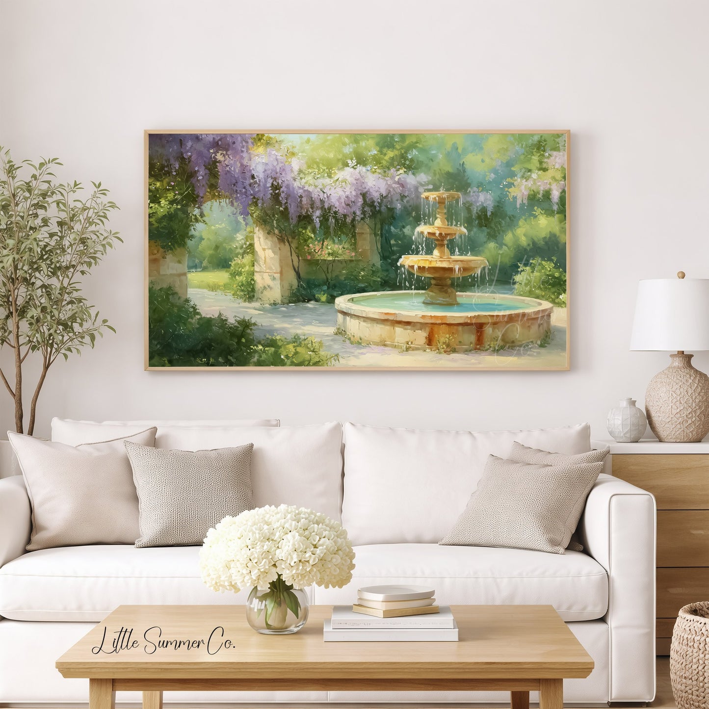 Wisteria Stone Archway Garden Fountain Frame TV Art displayed on a TV
