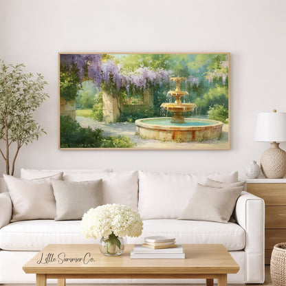 Wisteria Stone Archway Garden Fountain Frame TV Art displayed on a TV