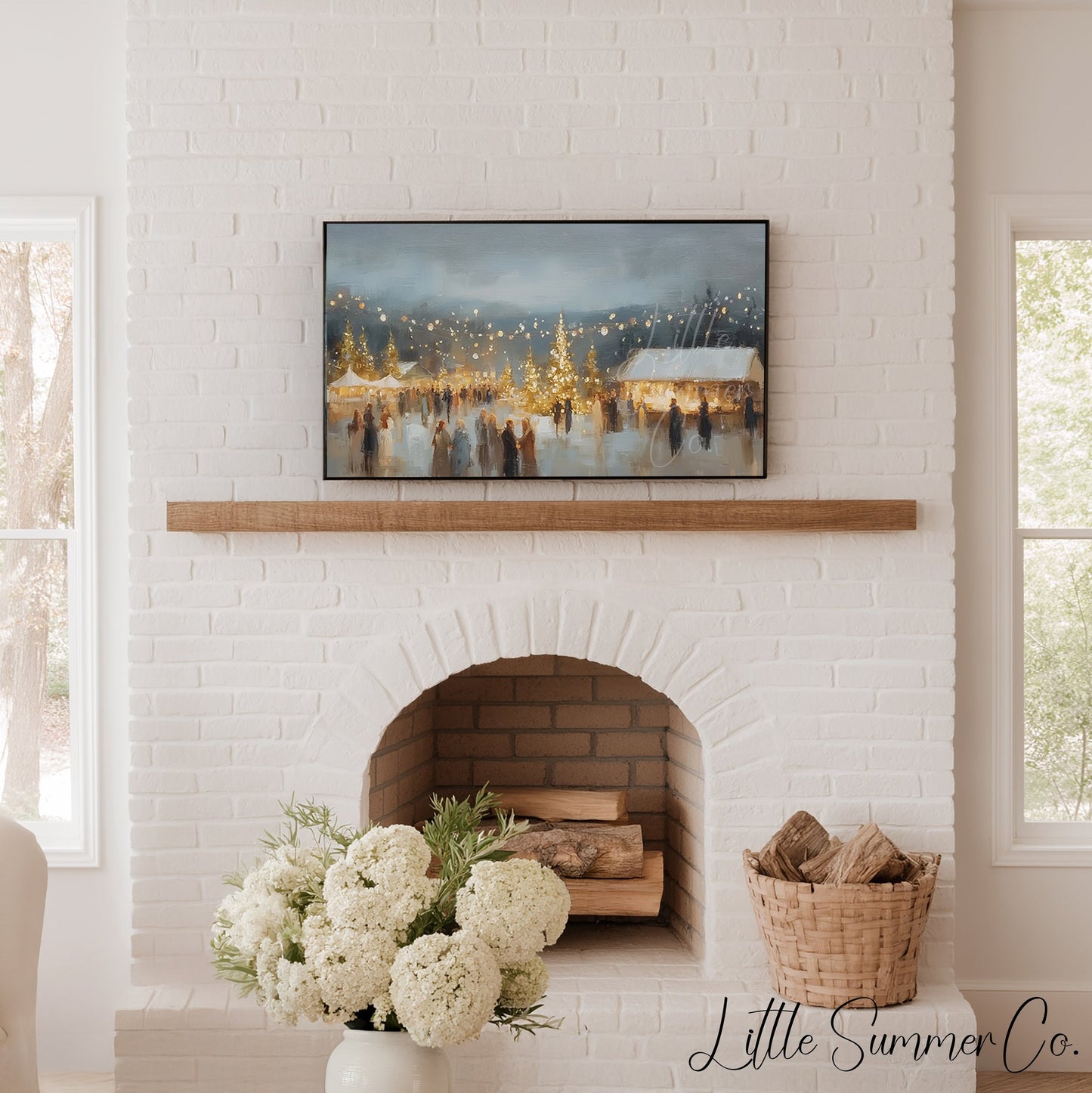 Christmas Market Village Frame TV Art displayed on a TV